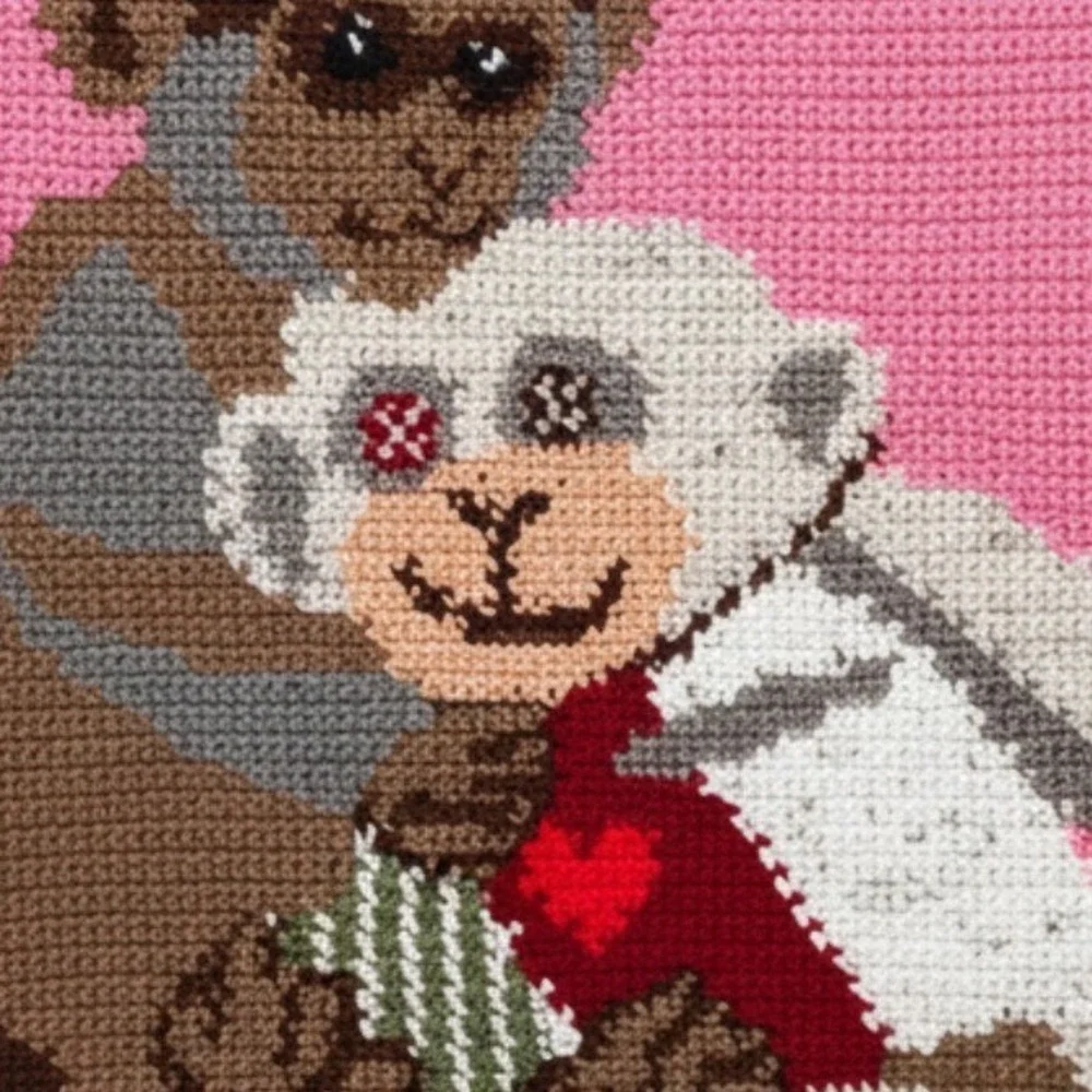 Handmade Crochet Monkey Blanket 40x40 Pink Sock Monkey Graphghan Throw- OOAK